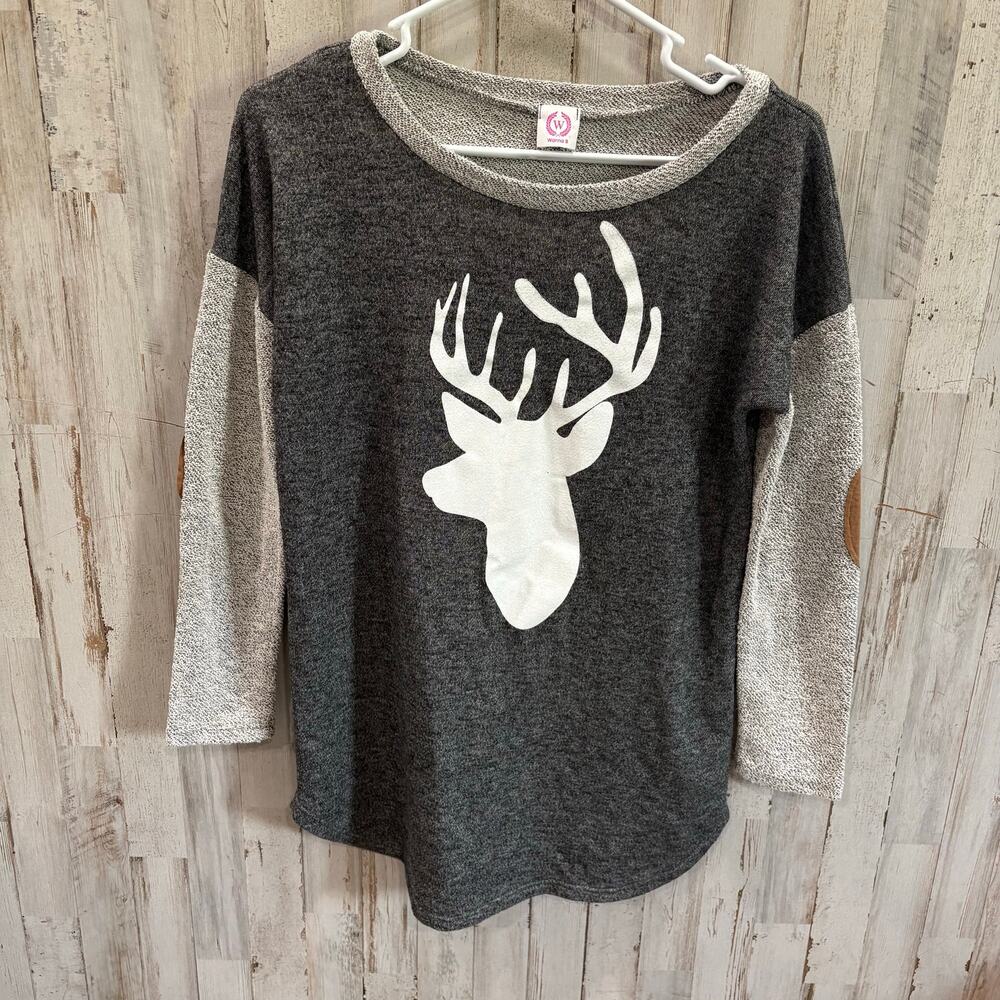 Wanna B Deer Antler Pullover Gray Elbow Patches Boutique Womens Small Hunting